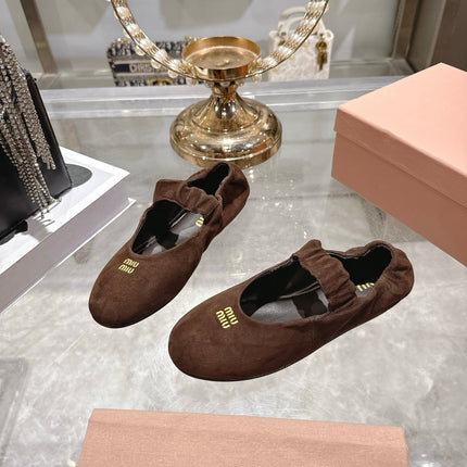 MIUMIU 26S MARY JANE FLATS IN DARK BROWN SUEDE ELASTIC STRAP
