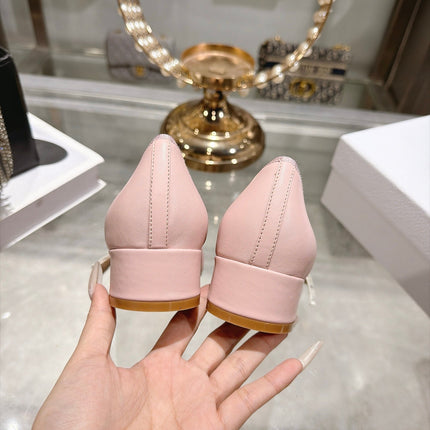 DIOR 26S BLOCK HEEL PUMPS 35MM IN LIGHT PINK CALFSKIN WITH FRONT BOW