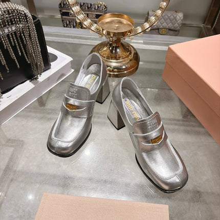 MIUMIU 26S HEEL LOAFERS 75MM IN SILVER CALFSKIN GOLD HARDWARE