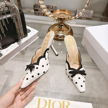 DIOR 26S POINTED TOE HIGH HEEL MULES IN WHITE AND BLACK FABRIC POLKA DOT