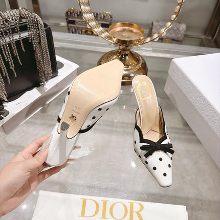 DIOR 26S POINTED TOE HIGH HEEL MULES IN WHITE AND BLACK FABRIC POLKA DOT