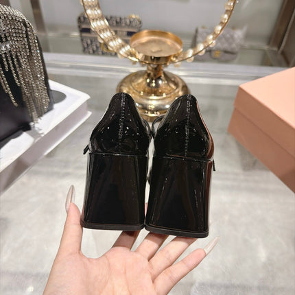 MIUMIU 26S MARY JANE BLOCK HEEL PUMPS 75MM IN BLACK PATENT CALFSKIN
