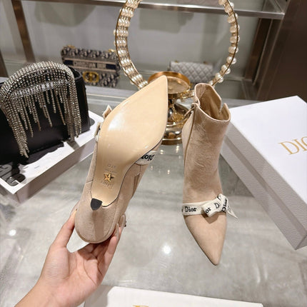 DIOR 26S STILETTO HEEL BOOTS 80MM IN NUDE BEIGE SUEDE WITH FRONT BOW