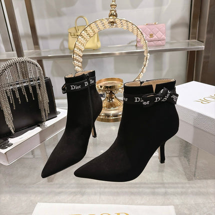 DIOR 26S STILETTO HEEL BOOTS 80MM IN BLACK SUEDE WITH ANKLE BOW