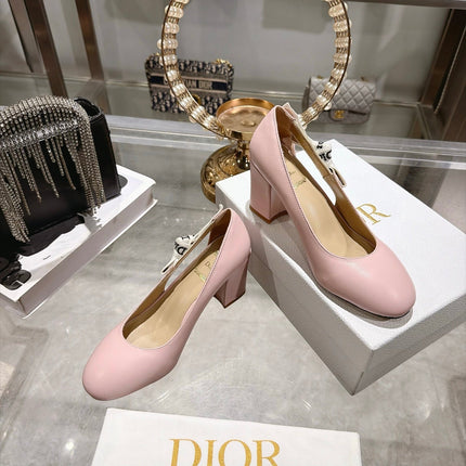 DIOR 26S BLOCK HEEL PUMPS 85MM IN LIGHT PINK CALFSKIN WITH BOW