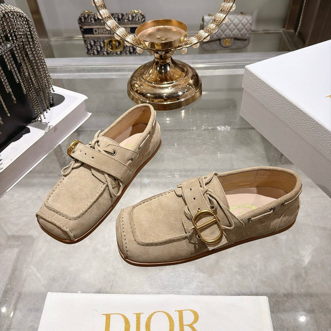DIOR 26S SQUARE TOE BUCKLE LOAFERS 30MM IN BEIGE SUEDE GOLD HARDWARE
