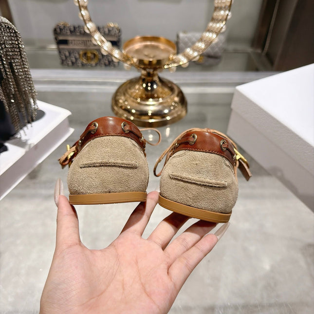 DIOR 26S SQUARE TOE BUCKLE LOAFERS 30MM IN BEIGE SUEDE AND CARAMEL BROWN CALFSKIN