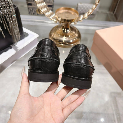 MIUMIU 26S BLOCK HEEL LOAFERS 25MM IN BLACK CROCODILE EMBOSSED CALFSKIN