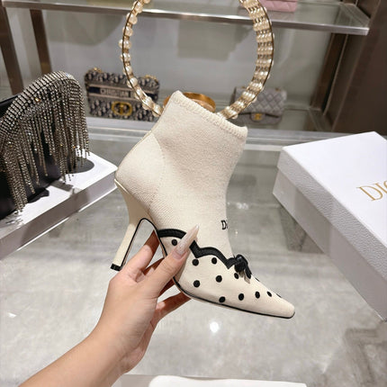 DIOR 26S POINTED TOE HIGH HEEL SOCK BOOTS 90MM IN LIGHT BEIGE AND BLACK KNIT FABRIC POLKA DOT