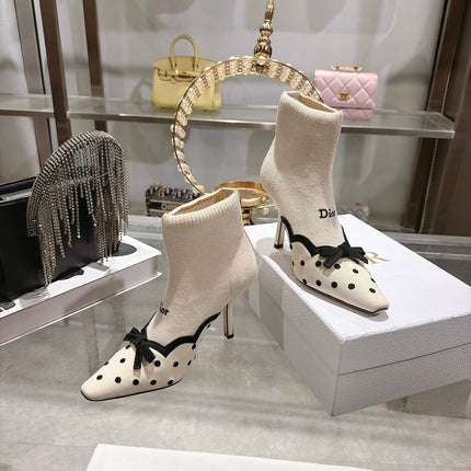 DIOR 26S POINTED TOE HIGH HEEL SOCK BOOTS 90MM IN LIGHT BEIGE AND BLACK KNIT FABRIC POLKA DOT