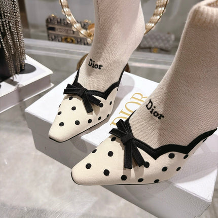 DIOR 26S POINTED TOE HIGH HEEL SOCK BOOTS 90MM IN LIGHT BEIGE AND BLACK KNIT FABRIC POLKA DOT