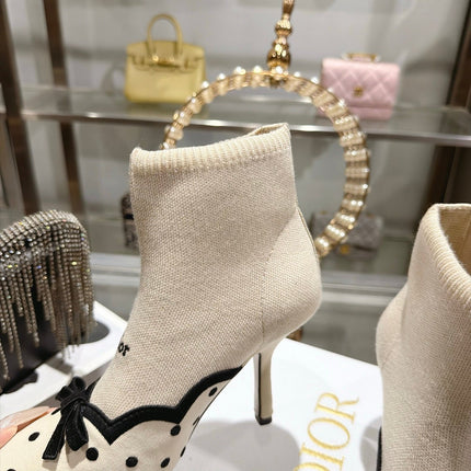 DIOR 26S POINTED TOE HIGH HEEL SOCK BOOTS 90MM IN LIGHT BEIGE AND BLACK KNIT FABRIC POLKA DOT