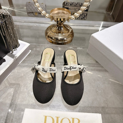 DIOR 26S LOW HEEL MULES 35MM IN BLACK KNIT FABRIC WITH EMBROIDERED STRAP