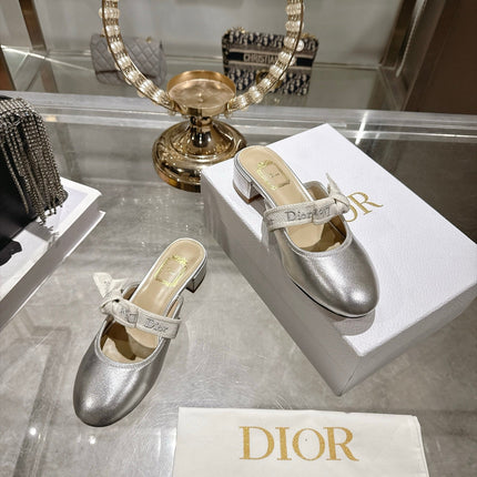 DIOR 26S LOW HEEL MULES 35MM IN SILVER CALFSKIN WITH EMBROIDERED STRAP