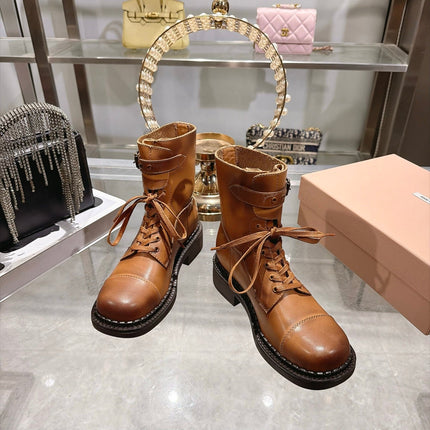 MIUMIU 26S ANKLE LACE UP BUCKLE BOOTS 40MM IN TAN BROWN CALFSKIN