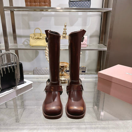 MIUMIU 26S KNEE HIGH BUCKLE BOOTS IN DARK BROWN CALFSKIN SILVER HARDWARE