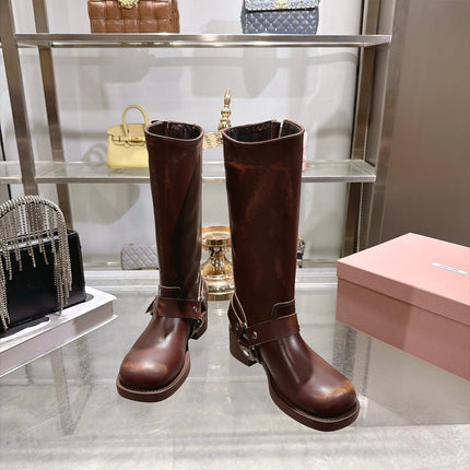 MIUMIU 26S KNEE HIGH BUCKLE BOOTS IN DARK BROWN CALFSKIN SILVER HARDWARE