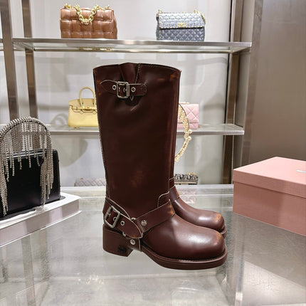 MIUMIU 26S KNEE HIGH BUCKLE BOOTS IN DARK BROWN CALFSKIN SILVER HARDWARE