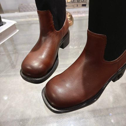 MIUMIU 26S MID CALF BLOCK HEEL BOOTS IN BROWN CALFSKIN AND BLACK STRETCH FABRIC