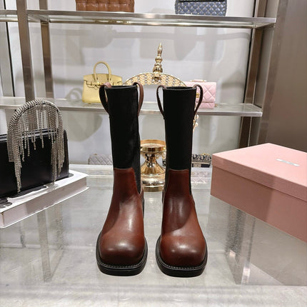 MIUMIU 26S MID CALF BLOCK HEEL BOOTS IN BROWN CALFSKIN AND BLACK STRETCH FABRIC