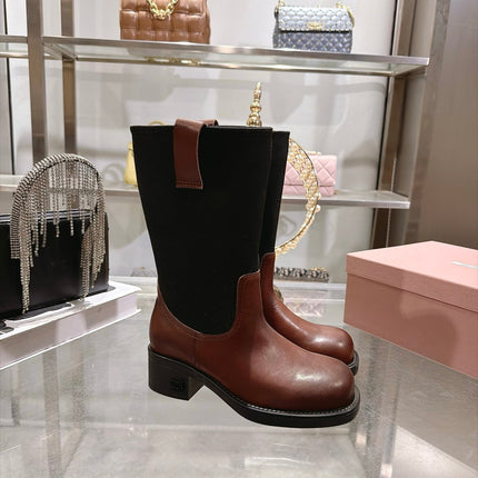 MIUMIU 26S MID CALF BLOCK HEEL BOOTS IN BROWN CALFSKIN AND BLACK STRETCH FABRIC
