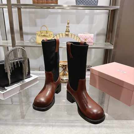 MIUMIU 26S MID CALF BLOCK HEEL BOOTS IN BROWN CALFSKIN AND BLACK STRETCH FABRIC