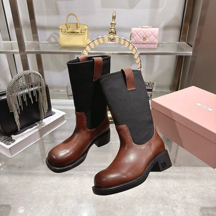 MIUMIU 26S MID CALF BLOCK HEEL BOOTS IN BROWN CALFSKIN AND BLACK STRETCH FABRIC
