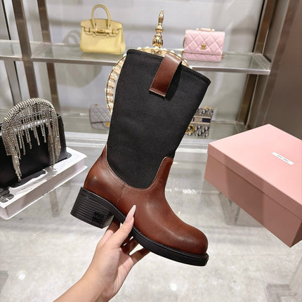 MIUMIU 26S MID CALF BLOCK HEEL BOOTS IN BROWN CALFSKIN AND BLACK STRETCH FABRIC