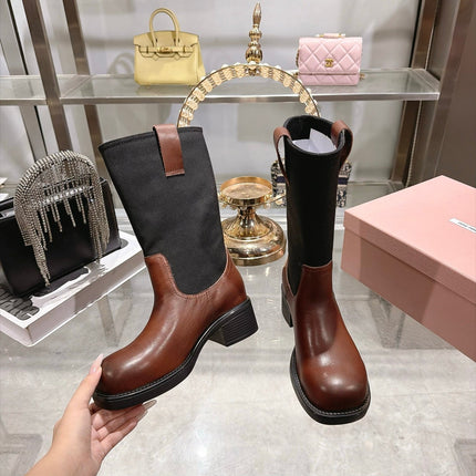 MIUMIU 26S MID CALF BLOCK HEEL BOOTS IN BROWN CALFSKIN AND BLACK STRETCH FABRIC