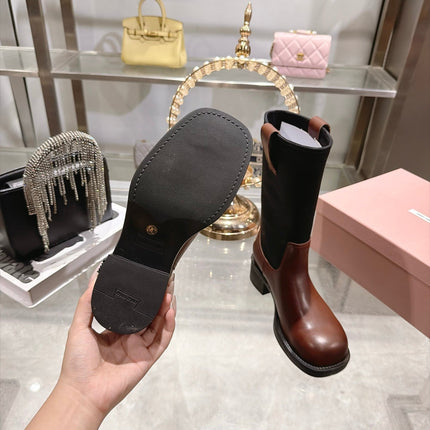 MIUMIU 26S MID CALF BLOCK HEEL BOOTS IN BROWN CALFSKIN AND BLACK STRETCH FABRIC