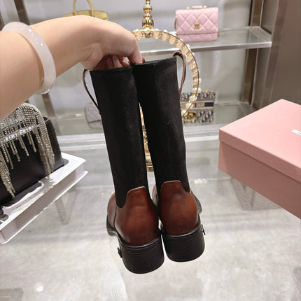 MIUMIU 26S MID CALF BLOCK HEEL BOOTS IN BROWN CALFSKIN AND BLACK STRETCH FABRIC