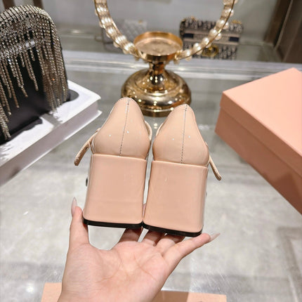 MIUMIU 26S MARY JANE BLOCK HEEL 75MM IN NUDE BEIGE PATENT CALFSKIN AND BLACK PATENT CALFSKIN CAP TOE SILVER HARDWARE