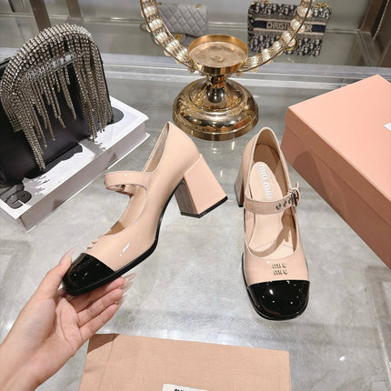 MIUMIU 26S MARY JANE BLOCK HEEL 75MM IN NUDE BEIGE PATENT CALFSKIN AND BLACK PATENT CALFSKIN CAP TOE SILVER HARDWARE