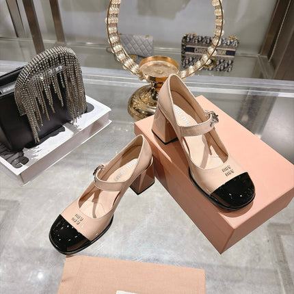MIUMIU 26S MARY JANE BLOCK HEEL 75MM IN NUDE BEIGE PATENT CALFSKIN AND BLACK PATENT CALFSKIN CAP TOE SILVER HARDWARE