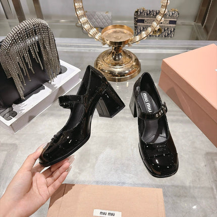 MIUMIU 26S MARY JANE BLOCK HEEL 75MM IN BLACK PATENT CALFSKIN SILVER HARDWARE