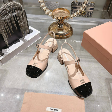 MIUMIU 26S SLINGBACK MARY JANE 45MM IN NUDE BEIGE PATENT CALFSKIN AND BLACK PATENT CALFSKIN CAP TOE