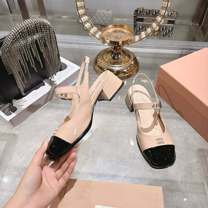 MIUMIU 26S SLINGBACK MARY JANE 45MM IN NUDE BEIGE PATENT CALFSKIN AND BLACK PATENT CALFSKIN CAP TOE