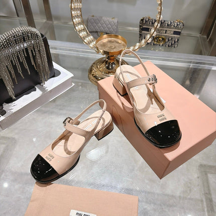 MIUMIU 26S SLINGBACK MARY JANE 45MM IN NUDE BEIGE PATENT CALFSKIN AND BLACK PATENT CALFSKIN CAP TOE