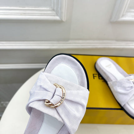 FENDI FLAT SLIPPER IN WHITE JACQUARD FABRIC WITH GOLD HARDWARE