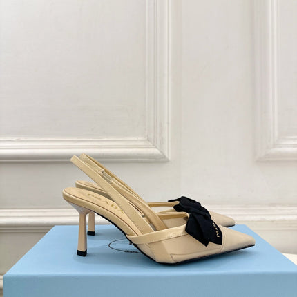 PRADA 26S POINTED-TOE SLINGBACK HEELS 75MM IN BEIGE MESH WITH BLACK BOW