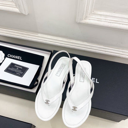 CHANEL 26S THONG SLINGBACK SANDALS IN WHITE LAMBSKIN