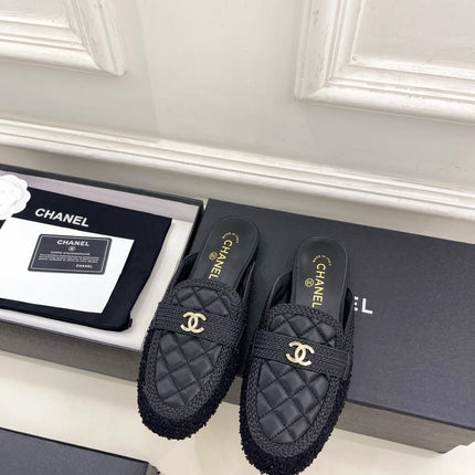 CHANEL 26S MULES IN BLACK LAMBSKIN AND TWEED