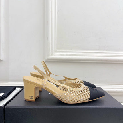 CHANEL 26S POINTED TOE HIGH HEEL SLINGBACK PUMPS 60MM IN BEIGE MESH WITH BLACK TOE CAP