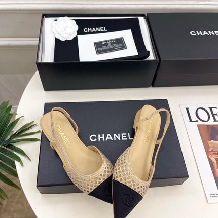 CHANEL 26S FLAT POINTED TOE SLINGBACK IN BEIGE MESH WITH BLACK TOE CAP
