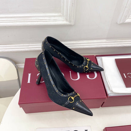 GUCCI 26S HIGH HEELS 75 MM IN BLACK CANVAS GG LOGO PATTERN