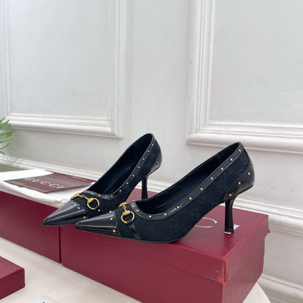 GUCCI 26S HIGH HEELS 75 MM IN BLACK CANVAS GG LOGO PATTERN