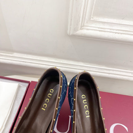 GUCCI 26S HIGH HEELS 75 MM IN BLUE DENIM GG LOGO PATTERN