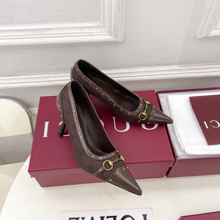 GUCCI 26S HIGH HEELS 75 MM IN DARK BROWN CANVAS GG LOGO PATTERN
