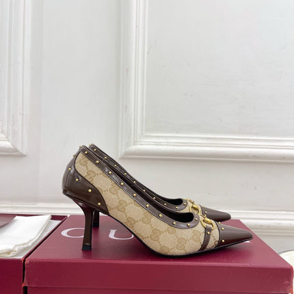 GUCCI 26S HIGH HEELS 75 MM IN BEIGE CANVAS GG LOGO PATTERN
