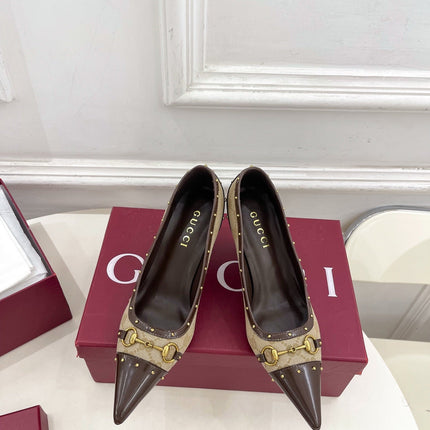 GUCCI 26S HIGH HEELS 75 MM IN BEIGE CANVAS GG LOGO PATTERN